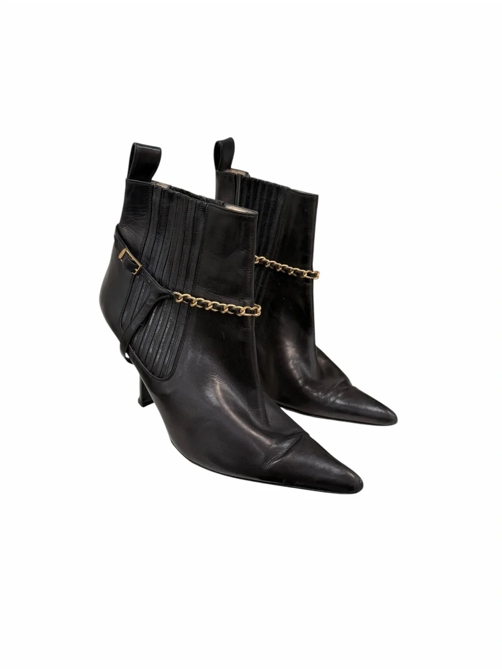 CHANEL Black Leather Chain Strap Pointed Toe Ankle Boots Booties